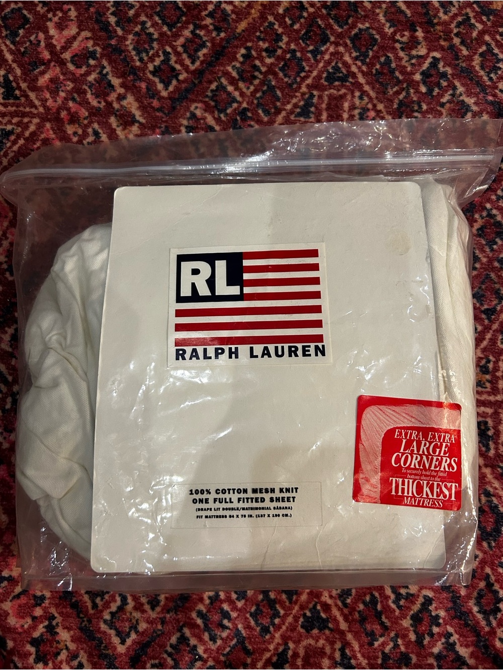 Ralph Lauren RL Flag 100% Cotton Full, White Fitted Sheet- VINTAGE. NEVER USED.